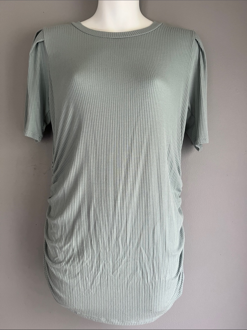 Hello MIZ Ribbed Puff Sleeve Side Ruched Maternity Top in sage M